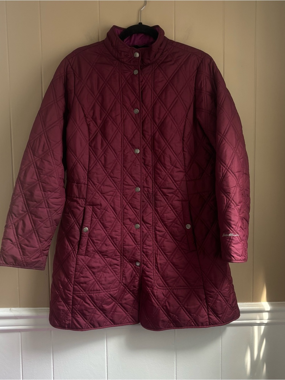 Eddie Bauer Women's Quilted Snap-Front Coat Jacket Plum Burgundy Size L